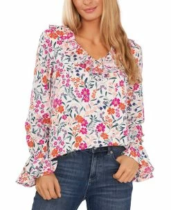CeCe Women's Ruffled Floral-Print Bell-Sleeve Top