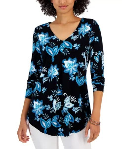 JM Collection Women's Printed V-Neck 3/4-Sleeve Tunic, Created For Macy's -VINCE CAMUTO Shop 22968009 fpx