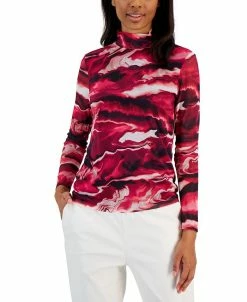 Anne Klein Women's Printed Mesh-Sleeve Mock-Neck Top