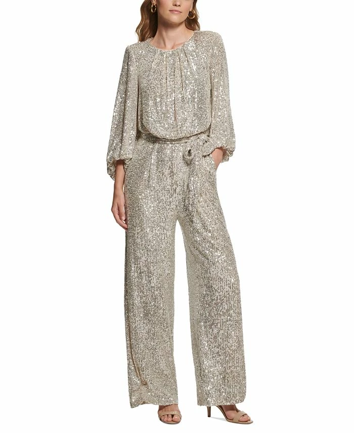 Vince Camuto Women's Jewel-Neck Tie-Waist Sequin Jumpsuit 1 Vince Camuto Women's Jewel-Neck Tie-Waist Sequin Jumpsuit