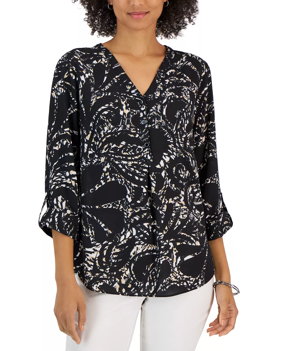 JM Collection Women's Swirl-Print Split-Neck Woven Top, Created For Macy's 4 JM Collection Women's Swirl-Print Split-Neck Woven Top, Created For Macy's - Image 4