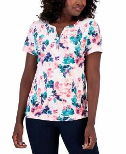 Karen Scott Women's Layered Floral Printed Henley Top, Created For Macy's