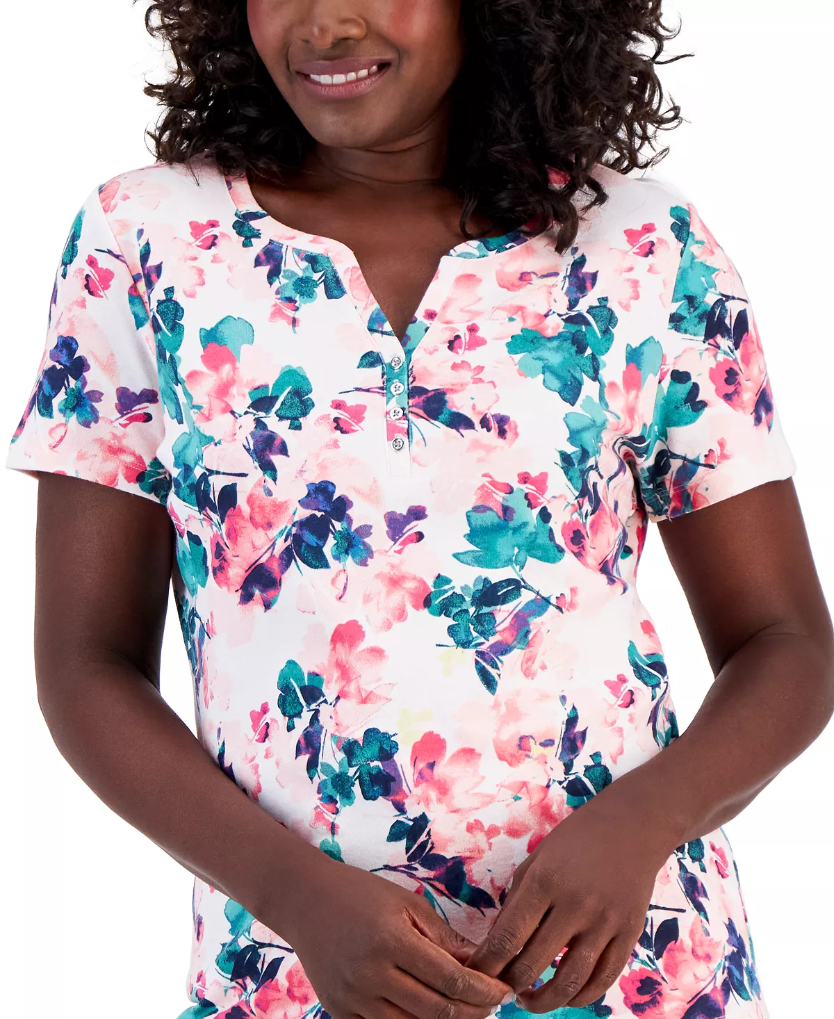Karen Scott Women's Layered Floral Printed Henley Top, Created For Macy's 3 Karen Scott Women's Layered Floral Printed Henley Top, Created For Macy's - Image 3