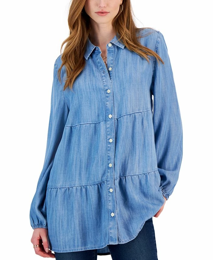 Style & Co Women's Tiered Button-Up Long-Sleeve Chambray Shirt, Created For Macy's 1 Style & Co Women's Tiered Button-Up Long-Sleeve Chambray Shirt, Created For Macy's