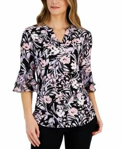 Kasper Women's Floral-Print V-Neck Tiered-Sleeve Top
