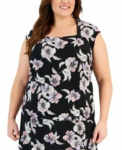 Kasper Plus Size Floral Square-Neck Cap-Sleeve Blouse