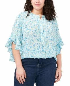 Vince Camuto Plus Size Printed Flutter Sleeve Henley Blouse