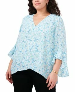 Vince Camuto Plus Size Printed Ruffle-Cuff 3/4-Sleeve Blouse