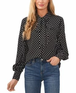 CeCe Women's Polka Dot Bow-Neck Button-Front Top