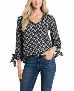CeCe Women's Plaid Tie Sleeve Blouse