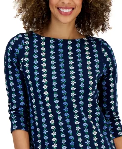 Charter Club Women's Floral Boat-Neck 3/4-Sleeve Top, Created For Macy's -VINCE CAMUTO Shop 23431888 fpx