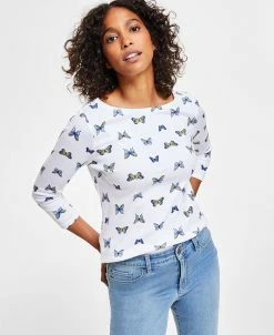 Charter Club Women's Butterfly-Print 3/4-Sleeve Top, Created For Macy's