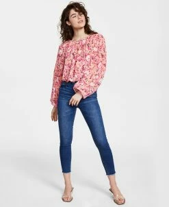 Bar III Women's Floral-Print Boat-Neck Peasant Top, Created For Macy's