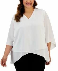 Kasper Plus Size V-Neck Flutter-Sleeve Cross-Hem Top