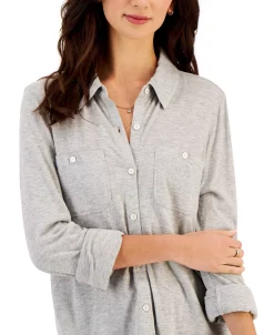 Style & Co Women's Button-Up Collared Knit Shirt, Created For Macy's -VINCE CAMUTO Shop 23656327 fpx