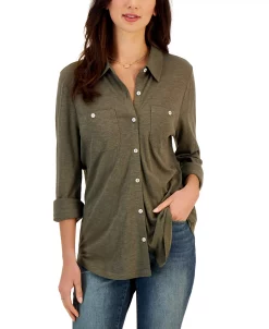 Style & Co Women's Button-Up Collared Knit Shirt, Created For Macy's -VINCE CAMUTO Shop 23663785 fpx