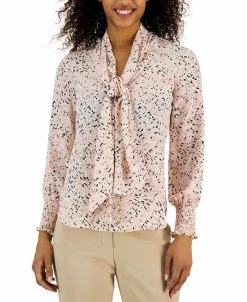 Anne Klein Women's Abstract-Print Tie-Neck Smocked-Cuff Blouse