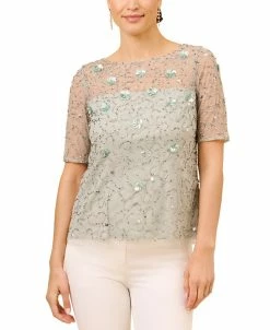 Adrianna Papell Women's Boat Neck Embellished Elbow-Sleeve Top