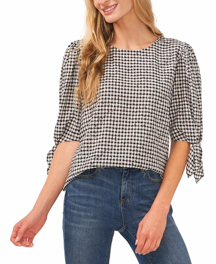 CeCe Women's Gingham Tie-Sleeve Blouse 1 CeCe Women's Gingham Tie-Sleeve Blouse