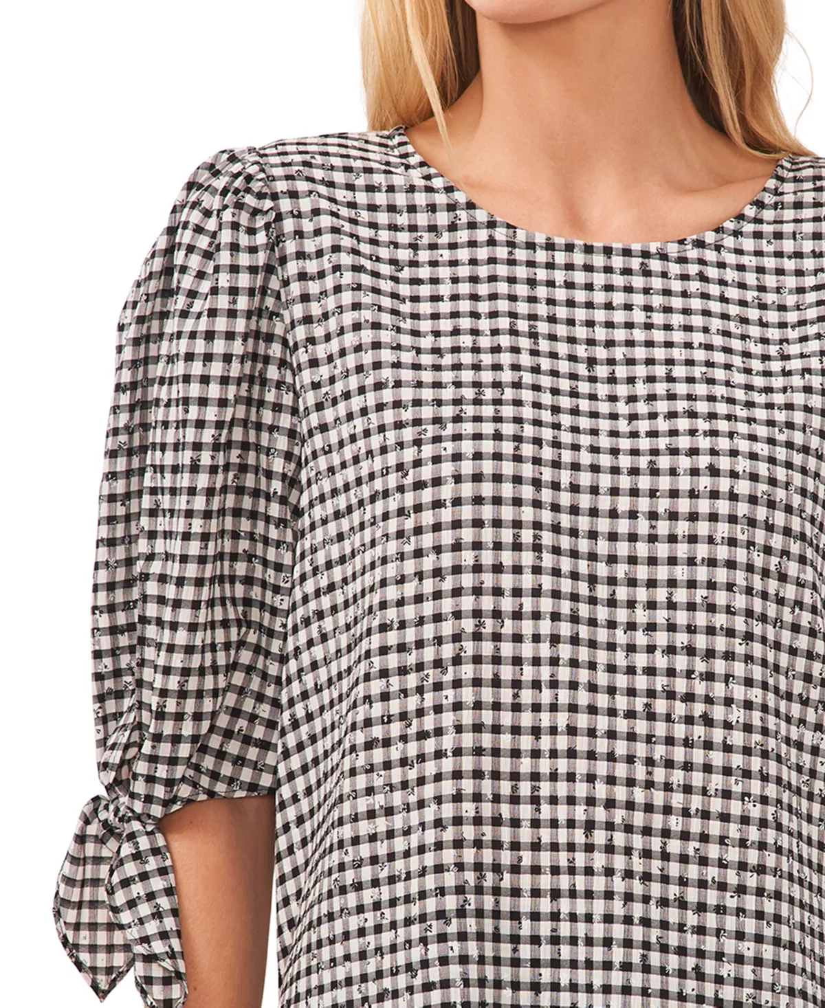 CeCe Women's Gingham Tie-Sleeve Blouse 3 CeCe Women's Gingham Tie-Sleeve Blouse - Image 3