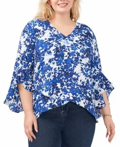Vince Camuto Plus Size Leaf-Print Flutter-Sleeve Top