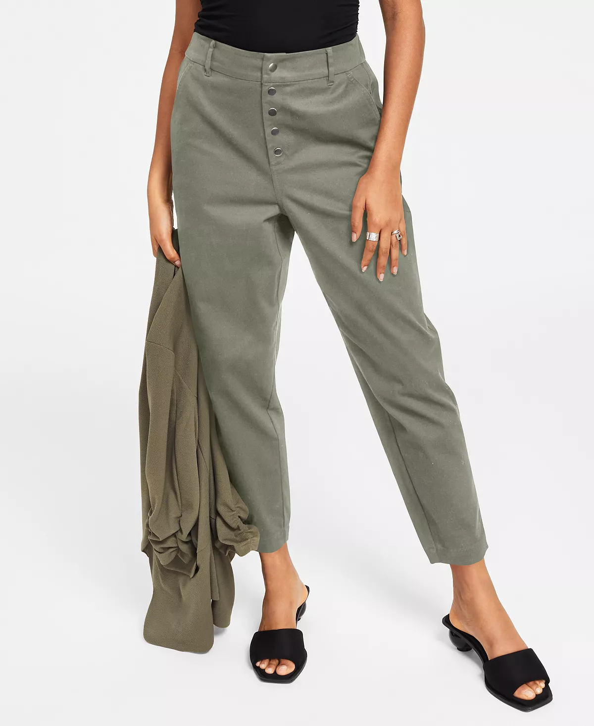 Bar III Women's Button Fly High Rise Tapered Pants, Created For Macy's 7 Bar III Women's Button Fly High Rise Tapered Pants, Created For Macy's - Image 7